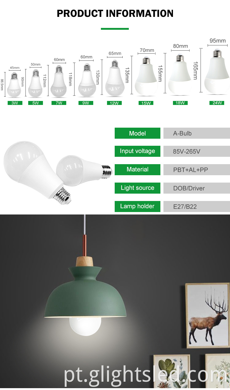 Venda direta da fábrica Instalação fácil Escritório interno Casa B22 3 5 7 9 12 15 18 Lâmpada bulbo LED de 24 watts